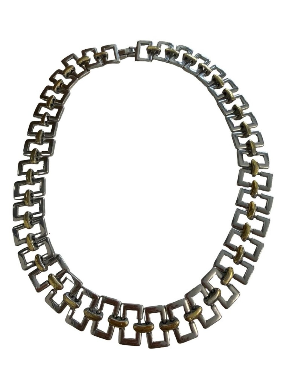 Vintage 1980s Two Tone Geometric Link Choker Necklace 15" Silver Gold Tone